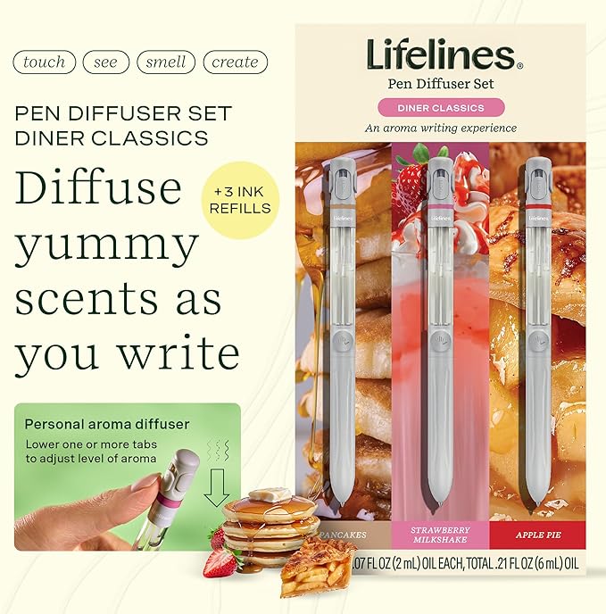 Lifelines Pen Diffuser Set, Diner Classics 3-Pack - 1mm Black Ballpoint Pens with Scented Essential Oil Blends – Aromatherapy Diffuser & Sensory Immersion Diffuse Aroma As You Write - Bloomnest