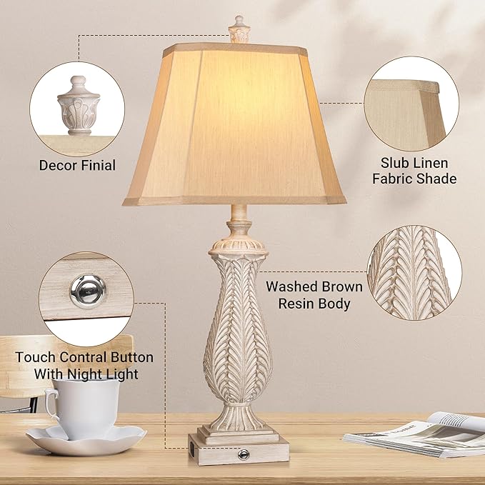 3-Way Dimmable Table Lamps for Bedrooms Set of 2, Light Wood Mermaid Bedside Lamp for Nightstand, 30" H Touch Lamps for Living Room with USB & Type-C Ports, Resin Farmhouse Rustic Lamp with 2 Bulb - Bloomnest
