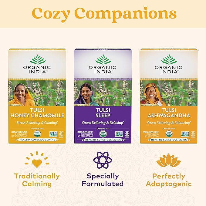 ORGANIC INDIA Iced Tulsi Tea Bags Variety Pack - Assorted Tea, Holy Basil, Ashwaganda, Sleep, Honey Chamomile - Adaptogen, Vegan, USDA Certified Organic, Non-GMO - 18 Infusion Bags per Box (Pack of 3) - Bloomnest