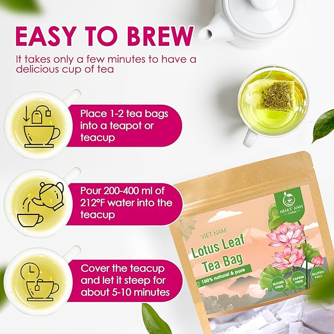 NHAT ANH FARM - Premium Lotus Leaf Tea Bags, 100 Teabags, 100% Natural, Hand-Selected Lotus Leaf Tea Bags, No Additives, Sugar-Free,Caffeine-Free. Good For Your Health. - Bloomnest