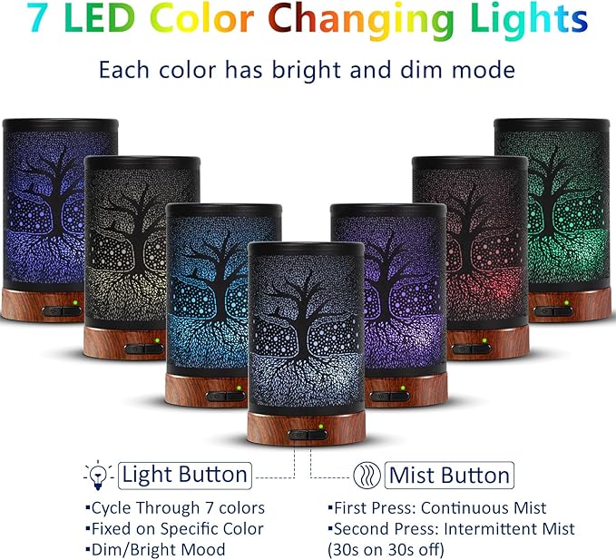 Aromatherapy Essential Oil Diffuser 150ml- Electric Cool Mist Aroma Diffuser with Intermittent Mode, Auto Shut-Off Protection, 7 Colors Changing LED Light for Home Office Decor & Gift (Life Tree) - Bloomnest