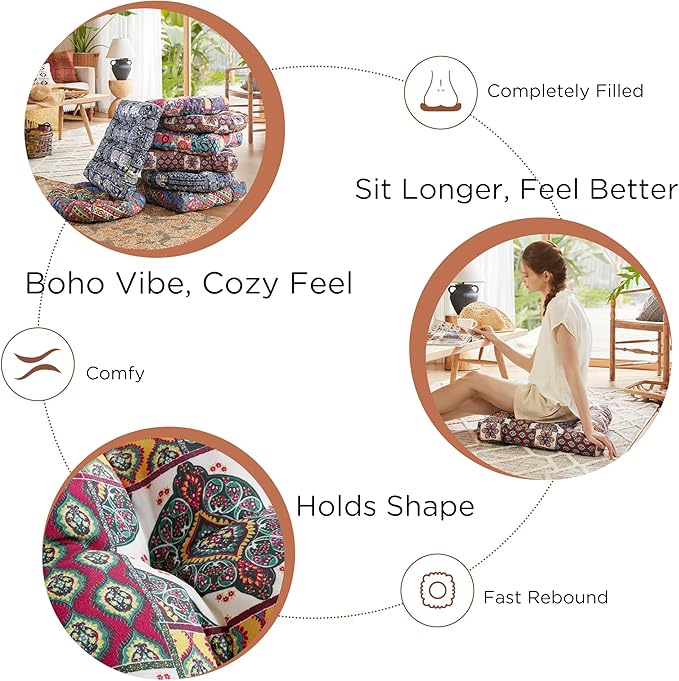 Codi Meditation Floor Cushions Set of 2, Large Pillow Sitting for Adults and Kids, Bohemian Seats for Reading Yoga Living Room Tatami, Memory Foam Added, 22x22 Inch, Paisley Boho - Bloomnest