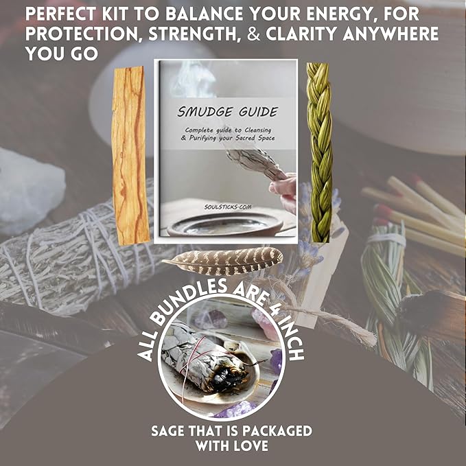 Ancient VEDA Organic Smudge Kit – California White Sage, Palo Santo, Sweetgrass Braid, Feather & Smudge Guide | Home Cleansing Kit for Meditation, Yoga, Energy Healing & Gift (Starter Kit, White Sage)