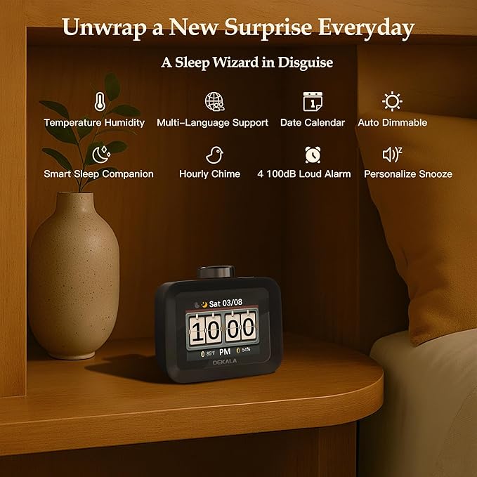 Dekala AuraDot White Noise Sound Machine for Sleep Temperature Humidity Monitor, 30 Non-Loop Soothing Sounds, Timer/Play All Night, Animationed Sleep Screen, 7-Day Programmable 4 Alarm Clock Black