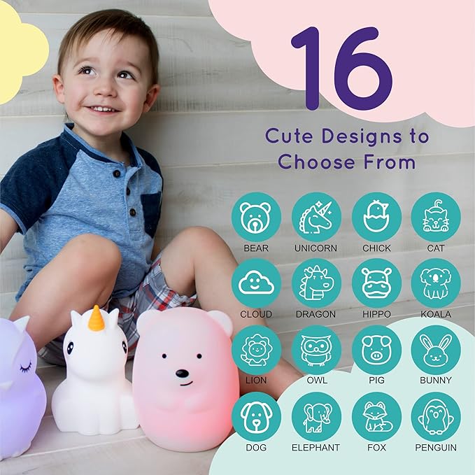 LumiPets Eggbert the Elephant Squishy Night Light for Kids | Silicone Nightlight with Tap, Remote Control | Rechargeable Color Changing Animal Light for Girls & Boys | Portable Mood Lamp With USB Cord - Bloomnest