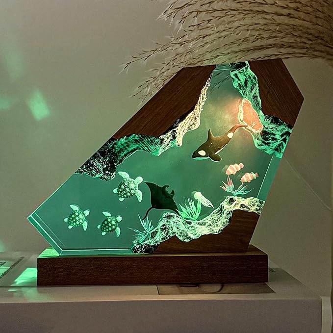Orca Ocean Resin Lamp, Handmade Wooden Table Resin Night Light, USB Port Art Ornaments for Home Office Decor, Scuba Diver Gifts for Birthday Holiday, Unique Thanksgiving Day and Christmas Gifts - Bloomnest