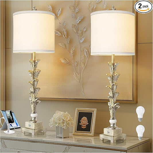 33'' Touch Control Table Lamp Set of 2, 3-Way Dimmable Buffet Lamps with USB A+C Ports and White Shade, Silver Leaf Finish Nightstand Lamps for Living Room Bedroom Office Study Dinning (Bulb Included) - Bloomnest