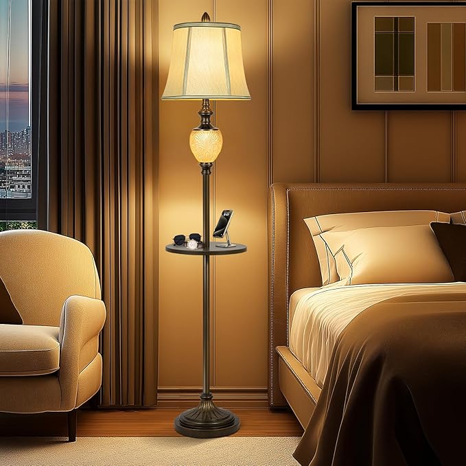 64" Vintage Floor Lamp for Living Room with Tray and Nightlight Farmhouse Tall Standing Lamp with Beige Faux Silk Shade Rustic Reading Lamp Decor for Bedroom Home Office Hotel Bar (Bulb Included) - Bloomnest