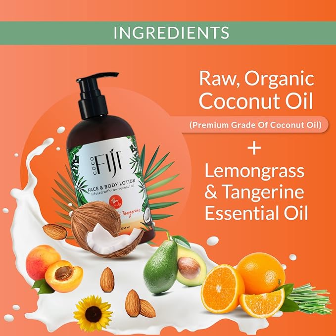 Coco Fiji Face & Body Lotion Infused With Coconut Oil | Lotion for Dry Skin | Moisturizer Face Cream & Massage Lotion for Women & Men | Lemongrass Tangerine 12 oz, Pack of 1 - Bloomnest