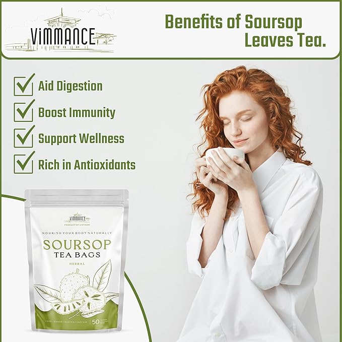 VIMMANCE Soursop Tea Bags, Graviola, Guanabana Tea, Vietnamese Herbal Tea, 100% Natural, Gluten Free, Caffein Free, Sugar Free, Not Bitter but Balance Taste (50 Tea Bags) - Bloomnest