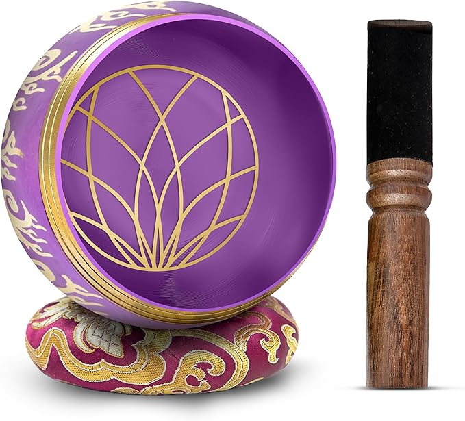 Tibetan Singing Bowl Set - 4" Easy To Play Authentic Handmade For Meditation Sound 7 Chakra Healing By HIMALAYAN BAZAAR (Purple, 4") - Bloomnest