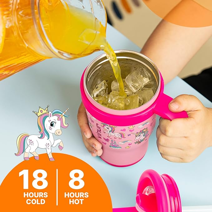 VINUR Kids Insulated Tumbler with Handle 17 oz Stainless Steel Vacuum Water Tumbler Mug with Leak Proof Lid and Straw|Gift for Boys Girls 6+| Cup Holder Friendly, Unicorn - Bloomnest