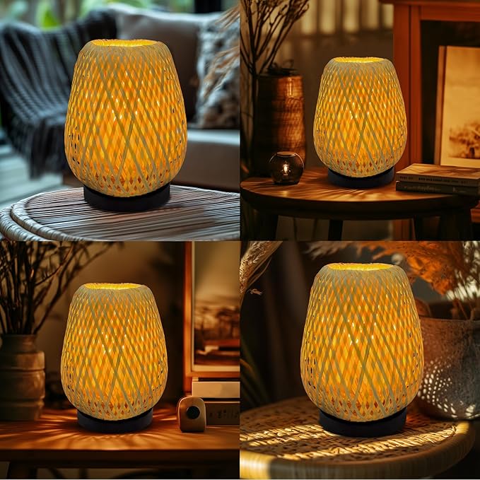 Boho Woven Nightstand Table Lamp - Rattan 3 Color Temperature Handmade Rattan Bamboo Lamp for Bedroom, Living Room - Bloomnest