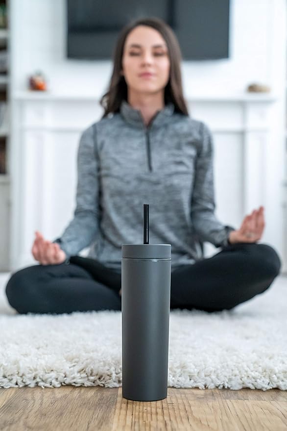 STRATA CUPS Black Skinny Tumblers with Lids and Straws (12 pack) - 16oz Double Wall Acrylic Tumbler, Tall Matte Skinny Tumblers, Bulk with Free Straw Cleaner, Reusable Cups - Bloomnest