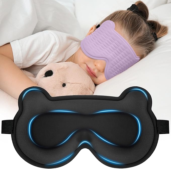 Kids Sleep Mask, 3D Sleeping Eye Mask for Kids with Adjustable Elastic Strap, Bear Shape Eye Cover with Memory Foam, Soft & Light-Blocking, Gift for Boys Girls Teens Age 5–15 (Purple) - Bloomnest
