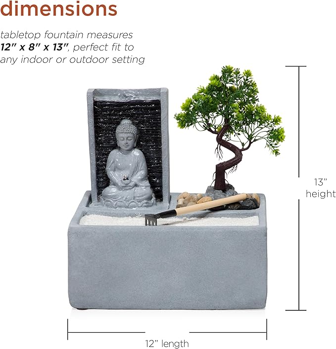 Alpine Corporation DIG278 13" Indoor/Outdoor Tabletop Fountain with LED Lights, Buddha Bonsai Garden Water Feature for Home, Patio & Desk Décor, Gray - Bloomnest
