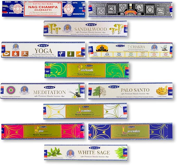 satya Incense Sticks - 12 Boxes | 7 Chakra White Sage Sandalwood Meditation Jasmine Yoga Palo Santo Rose Patchouli Nag Champa Lavender Superhit - 140+ Natural Incienso | 45+min Burn Variety Pack KRAFTANGLE