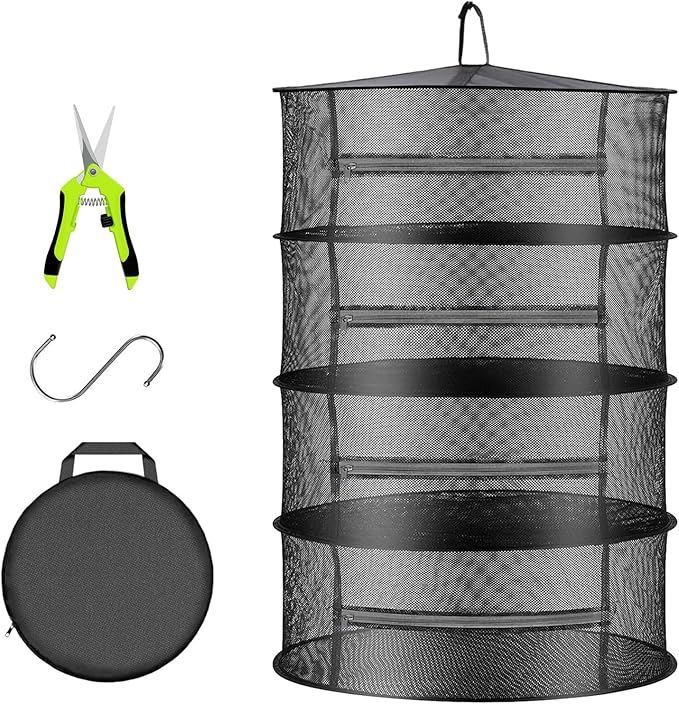 Herb Drying Rack Net Mesh with Black Zippers Hydroponics, Bonus Hook Scissor Drying Rack 2ft for Plant Bud Seed, Mesh Hanging Plant Dry, Herb Dry Net for Garden (4 L, Black Zipper) - Bloomnest
