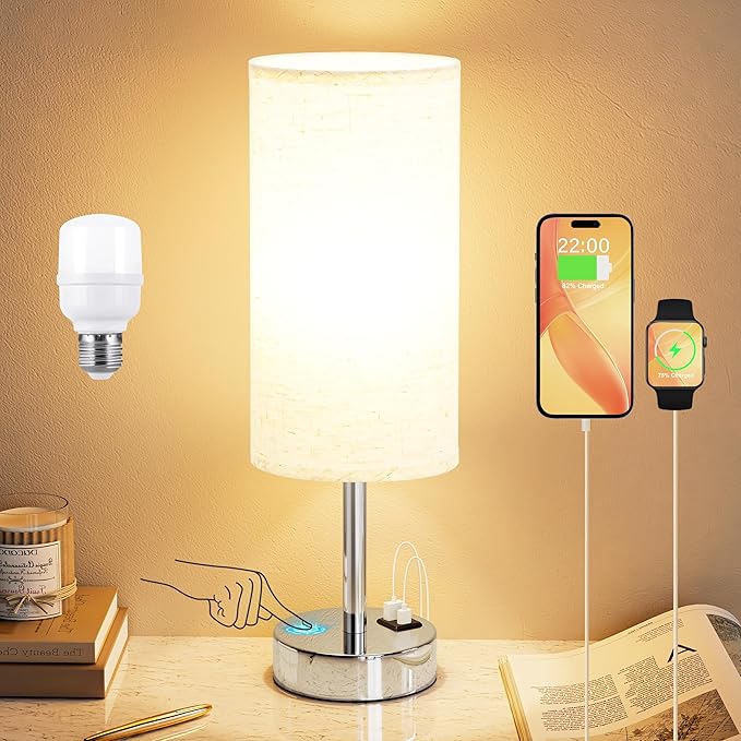 Dicoool Touch Table Lamp for Bedroom Nightstand - Bedside Lamp with USB-C USB-A Charging Ports White, 3 Way Dimmable Small Desk Lamp for Bedroom, Dorm Room, Office, Living Room, Reading, Bathroom - Bloomnest