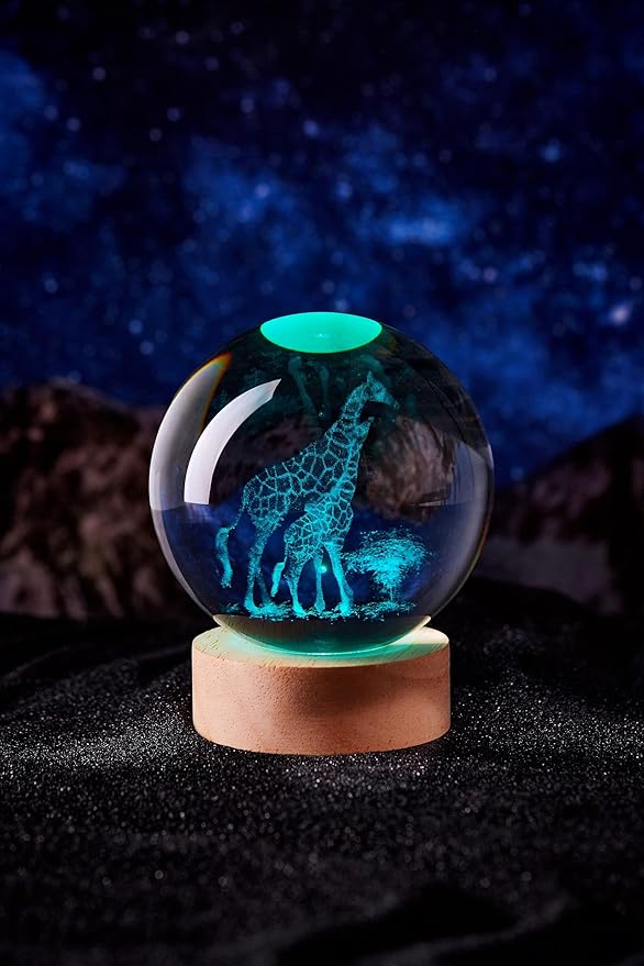 3D Large Giraffe Crystal Ball Night Light with Wooden Base, Giraffes Crystal Lamp Gift for Kids Wife Friends, 16 Color Changing with Remote Control, Laser Engraved 3.15 inch Glass Ball Lamp (Giraffe) - Bloomnest