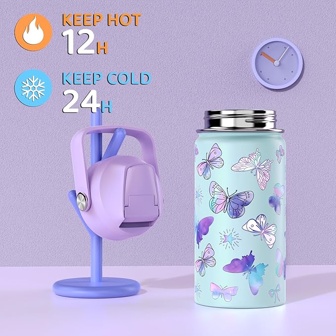 14oz Kids Insulated Water Bottle with Straw Lid - 18/8 Stainless Steel Kid Cup Travel Tumbler Double Wall Vacuum Leak Proof Portable Toddler Water Bottle(Butterfly） - Bloomnest