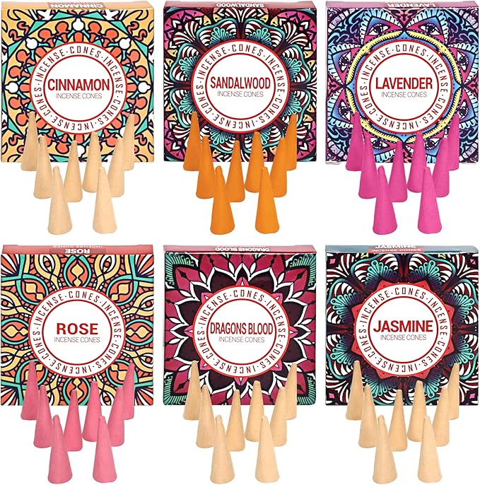 Incense Cones Set - Lavender, Jasmine, Sandalwood, Cinnamon, Rose, Dragons Blood for Meditation & Yoga