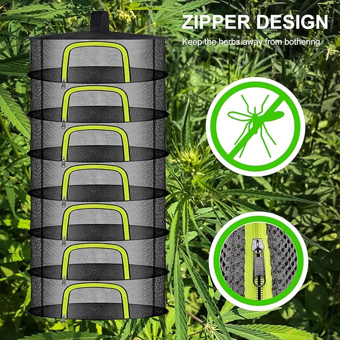 7 Layer Herb Drying Rack, Herb Drying Rack Hanging Mesh, Foldable Bud Drying Net with U-Shaped Zipper, Hooks, for Drying Herbs Plants, Flowers, Fruits, Food, Camping (7 Layers-23.62'') - Bloomnest