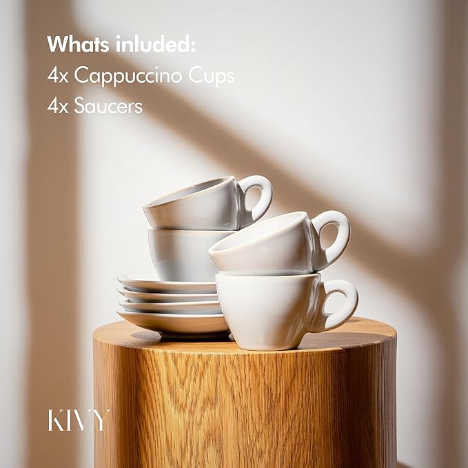 KIVY Cappuccino cups set [4x 8oz] - Thick-walled stoneware cappuccino cup set for latte art - Cappuccino coffee cups - Tazas de cafe - Latte cups - Ceramic latte art cup and saucer set of 4 - Grey - Bloomnest