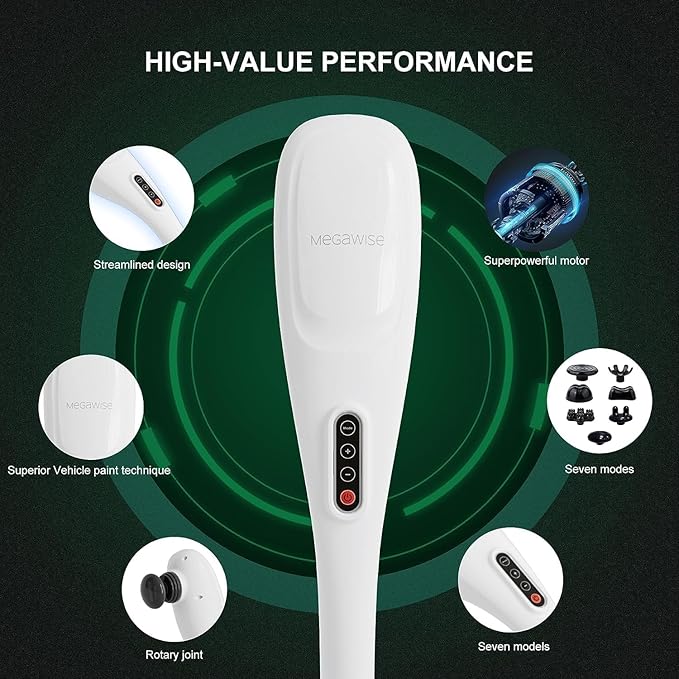 MEGAWISE Cordless Back Massager for Shoulders, Waist, Legs, Rechargeable 3200mAh Battery, 5 Speed and 5 +2 Massage Nodes 5 Hard, 2 Silicone Nodes, Massage While Moving Around (Off White Cordless) - Bloomnest