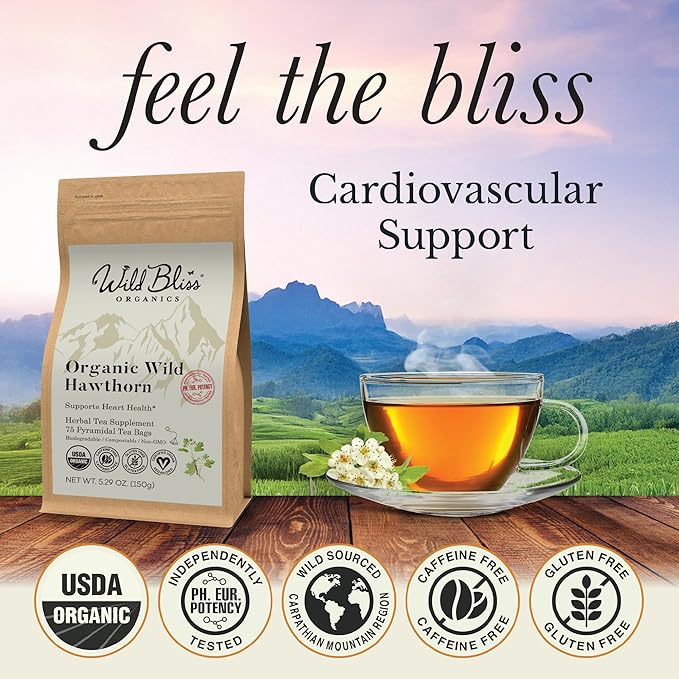 Organic Wild Hawthorn Leaf and Flower Herbal Tea - Caffeine Free - Pharmacopoeia Potency - 75 Plant Based Tea Bags - Bloomnest