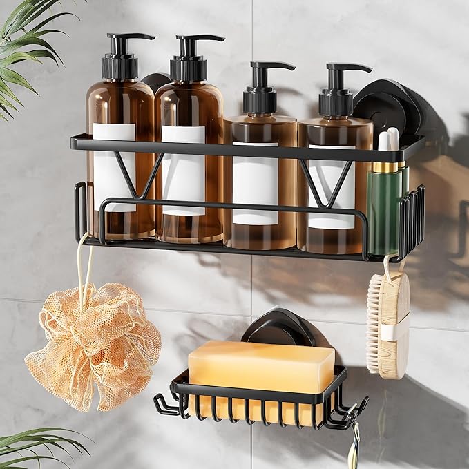 KEGII Suction Cup Shower Caddy, 2 Pack Shower Suction Shelf with Soap Holder & Hooks, No Drilling Bathroom Organizer, Stainless Steel Shampoo Holder for Bathroom Storage Basket, Black - Bloomnest