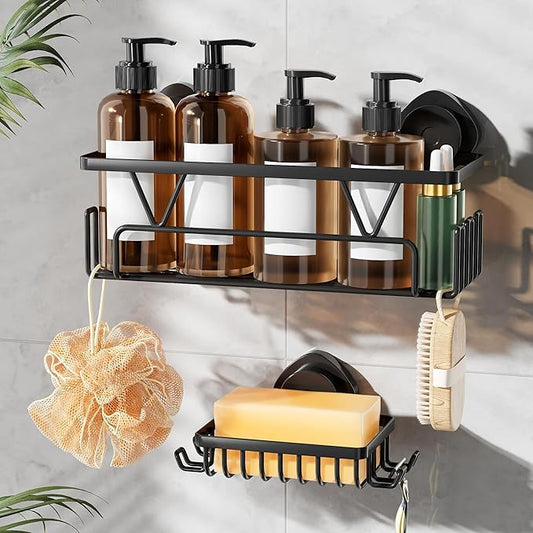 KEGII Suction Cup Shower Caddy, 2 Pack Shower Suction Shelf with Soap Holder & Hooks, No Drilling Bathroom Organizer, Stainless Steel Shampoo Holder for Bathroom Storage Basket, Black - Bloomnest