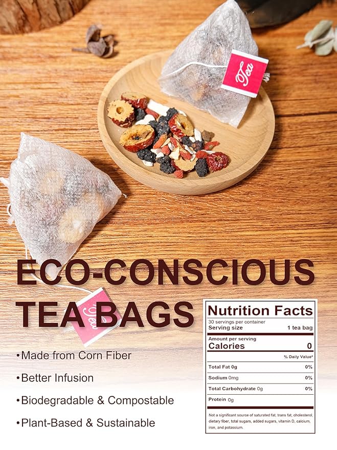 TeeLux Ginseng Six Treasures Tea, Traditional Chinese Herbal Tea Blend with Ginseng, Mulberry, Goji Berry, Yam, 30 Biodegradable Pyramid Bags, Caffeine-Free - Bloomnest