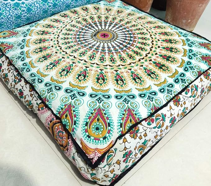 ICC Mandala Floor Pillow Cushions Cover Seating Throw Covers Hippie Decorative Bohemian Ottoman Poufs Cases Boho Indian Large Pouf Decor Kids Cushion Case Meditation Zipped 24 Inches Square Musturd - Bloomnest