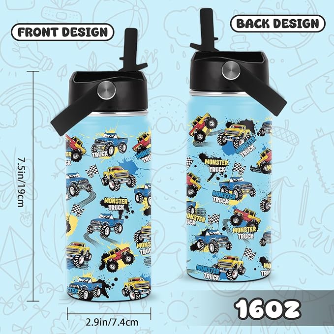 Monster Truck Boys Water Bottle, 16oz Kids Stainless Steel Insulated Water Bottle with Straw Lid, Monster Truck Cup Tumbler Gifts for School - Bloomnest