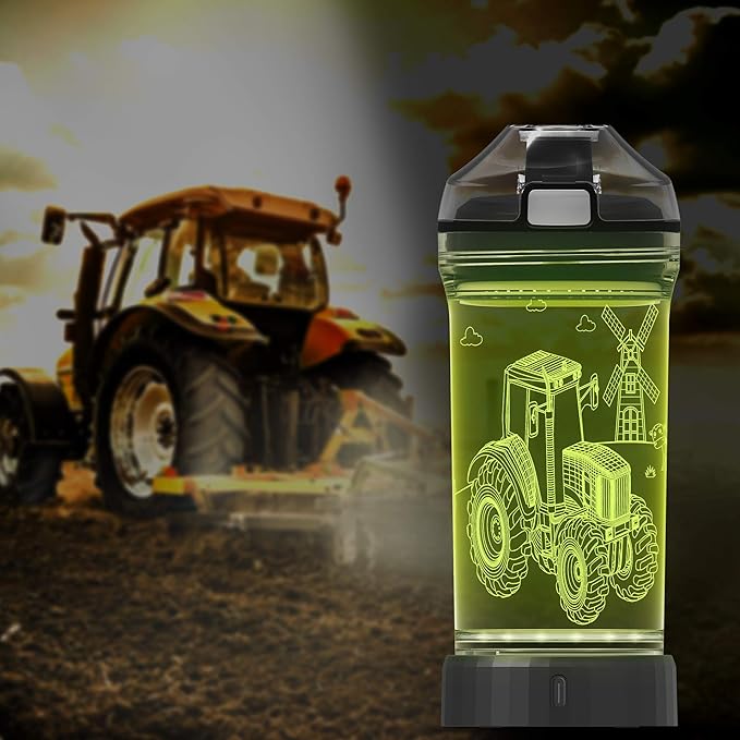 Kids Tractor Water Bottle with 3D LED Light, Glow in The Dark Gifts Ideal Travel Cup for School Boy Girl Child, Birthday Holiday Camping Picnic with Tritan BPA Free (Tractor 14 Oz) - Bloomnest