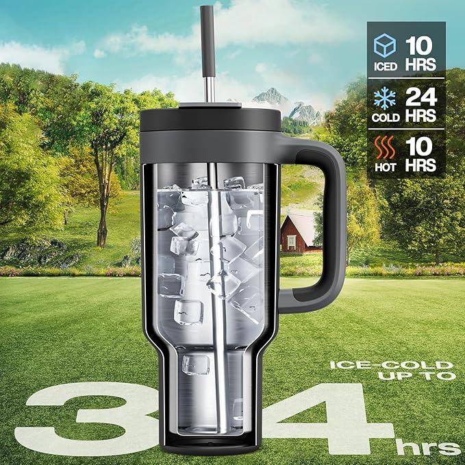 POWCAN 40 oz Tumbler with Handle, 2-in-1 Straw and Sip Lid, Leakproof, Dishwasher Safe, Insulated Stainless Steel Travel Coffee Mug, Keeps Cold for 34 Hours, Fits in Car Cup Holder (Midnight) - Bloomnest