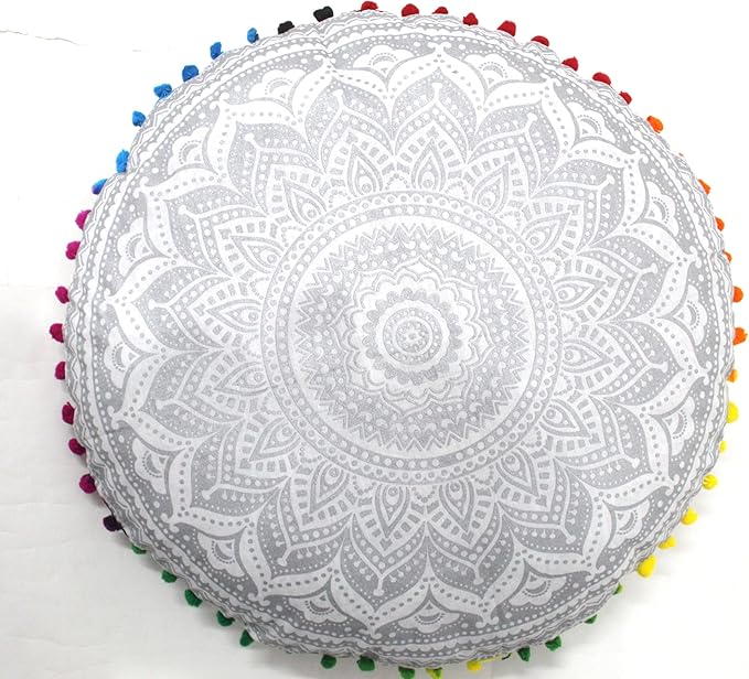 CRAFT KALA 32" Round Large Round Bohemian Floor Pillow Pouf Cover Mandala Meditation Room Pillow Cover for Adults Boho Seating Poufs Cushion Cover for Kids Playroom Silver Matellic Ombre - Bloomnest