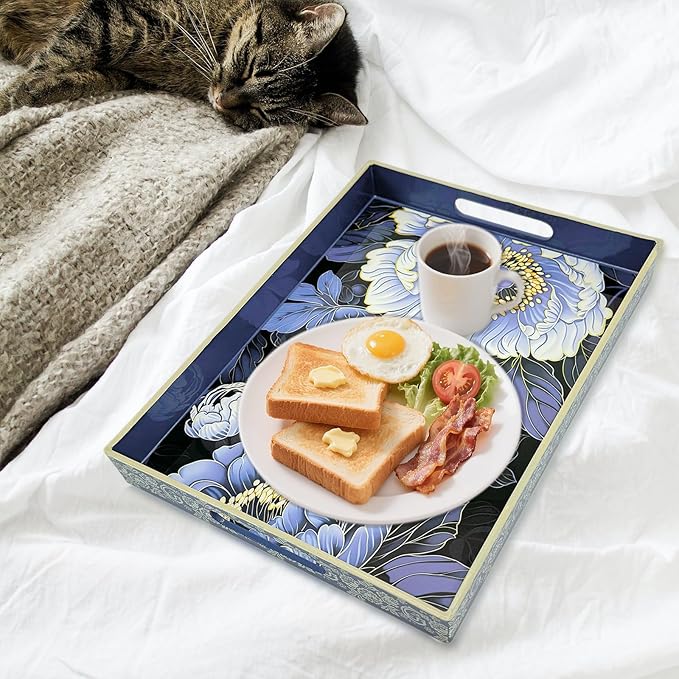 Serving Tray with Handles, 15.7 * 11.8 inches, Plastic Ottoman Tray with Exquisite Paintings, Trays for Coffee Table - Bloomnest