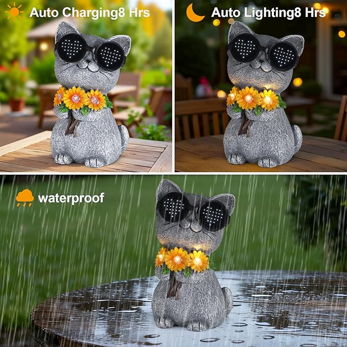 Solar Garden Statues Cat with Daisy and LED Lights Birthday Gifts for Women Mom Grandma Solar Outdoor Decor for Patio Backyard Yard Lawn Decoration-Unique Housewarming Gifts - Bloomnest