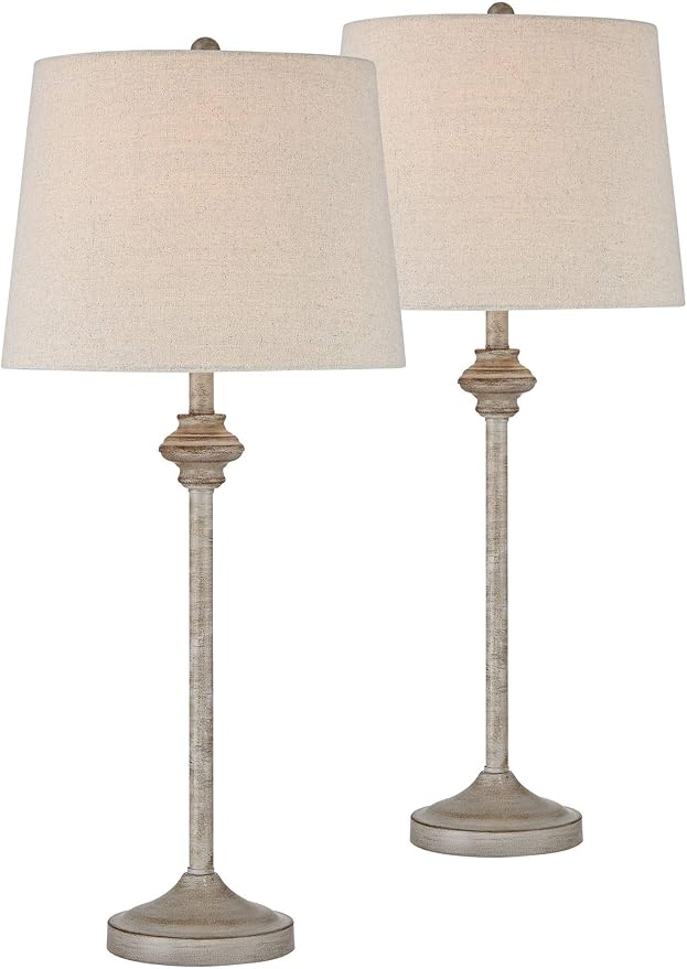 360 Lighting Lynn Country Cottage Rustic Buffet Table Lamps 26 3/4" Tall Skinny Set of 2 Light Beige Wood Oatmeal Fabric Tapered Drum Shade for Living Room House Home Dining Office Entryway Family - Bloomnest