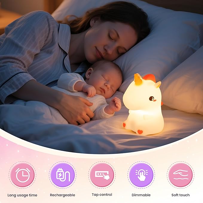 Night Light for Kids, Rechargeable Dimmable Silicone LED Nightlight with 7 Colors, Baby Nursery Night Lamp, Touch Squishy Lamp, Cute Gifts for Girls, Boys, Toddler Room Decor, Unicorn - Bloomnest
