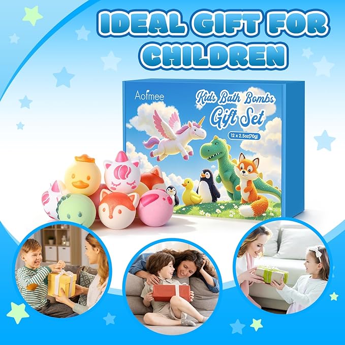 Aofmee Bath Bombs for Kids, 12 Pcs Kids Bath Bombs with Essential Oil, 6 Animal Shapes and Fruity Aroma, Natural Organic Spa Gift Set for Boys Girls, Birthday Christmas Halloween - Bloomnest