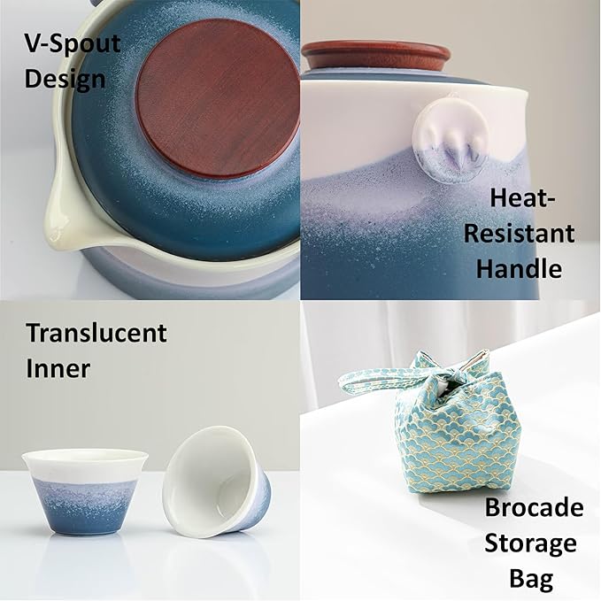 Hermit Life Chinese Travel Tea Set, Portable Ceramic Teapot for One to Two, Gongfu Tea Set with Color Gradient Design, 1 Pot 2 Cups, Gift for Tea Lovers (Azure Coast) - Bloomnest