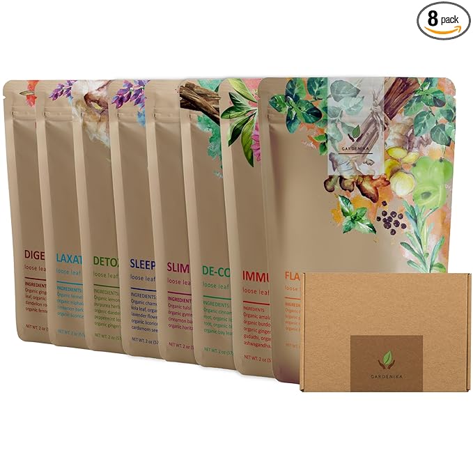 Gardenika Organic Loose Leaf Tea Sampler – 8 Pack, 1 LB – Herbal and Naturally Caffeine-Free Set - Ayurvedic Assortment Blend - Bloomnest
