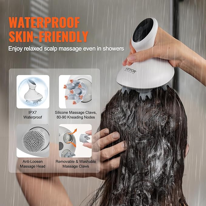 VEVOR Electric Scalp Massager, Rechargeable Head Massager Hair Growth, IPX7 Waterproof | Portable Kneading Scalp Scratcher with 8 Removable Massage Head for Stress Relief, Deep Clean, Gift for Mom/Dad VEVOR