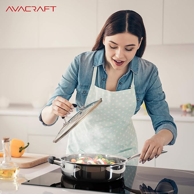 AVACRAFT 18/10 Tri-Ply Stainless Steel Saute Pan with Lid, Helper Handle, Induction & Stovetop, Versatile Stainless Steel Skillet, Cookware (3.5 Quarts) - Bloomnest