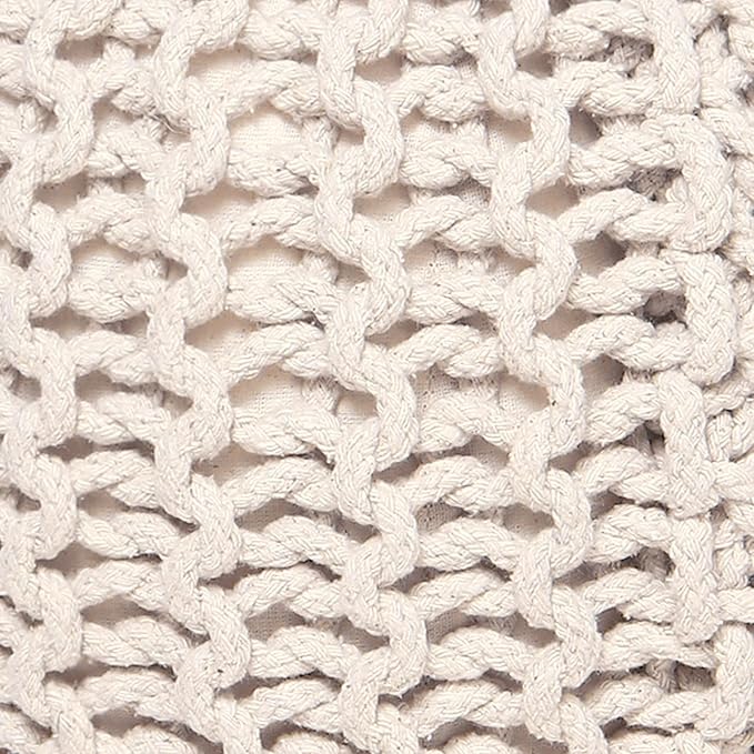 REDEARTH Round Pouf Ottoman –18"x18"x14" Hand-Knitted Cotton Pouffe –Cable Footstool –Boho Dori Hassock –Pre-Stuffed Poof – Extra Seat -Poofy Footrest for Living Room, Bedroom, Nursery, Nook –Ivory - Bloomnest