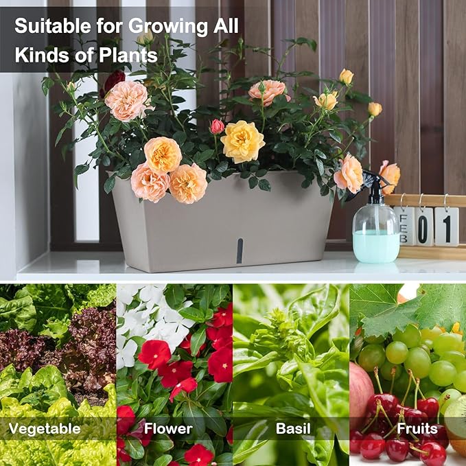 Window Box Planter 6 Pcs, 12.6 Inches Self Watering Rectangle Flower Plant Pots with Drainage Holes & Breathable Trays, Vegetable Planters for Windowsill Patio Garden Balcony Porch Yard (Khaki) - Bloomnest