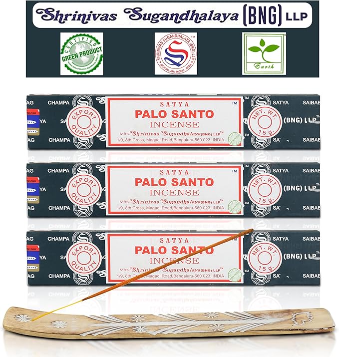 Satya Nagchampa Palo Santo Incense Sticks, Satya Bng (Bangalore) Insenses 15gmx3 Pack (45 GMS) with Raajsee Incense Holder Bundle, Satya Nagchampa Natural Incense - Bloomnest